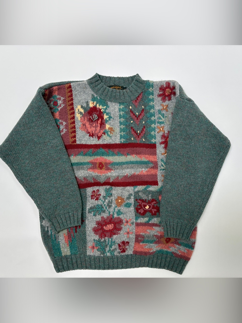 Vintage Eddie Bauer Wool Teal Patchwork Floral Crewneck Sweater